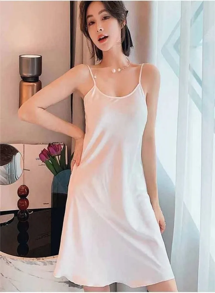 Ladies Satin Luxury Solid Color Sling Nightdress Glamorous Silk nightdress (White)