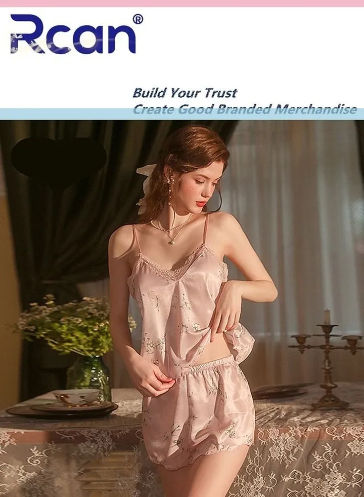 Loungewear for Women V Neck Mesh Jacquard Panel Silk Pajamas Babydoll Backless Camisole Home Two-Piece Set
