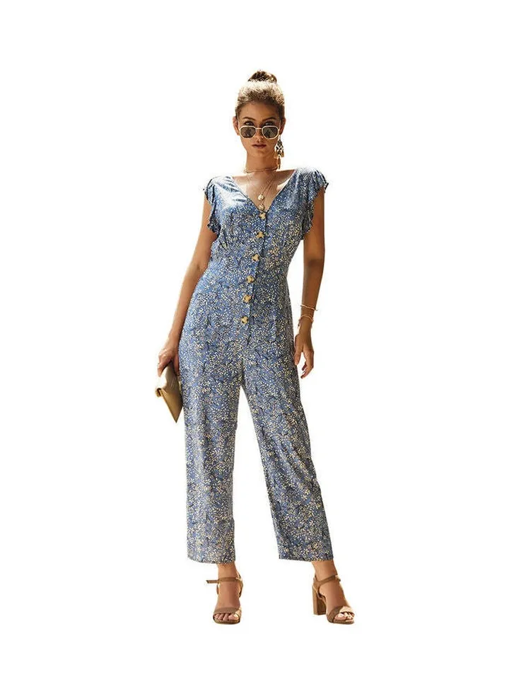 Printed Chiffon Jumpsuit Blue/White