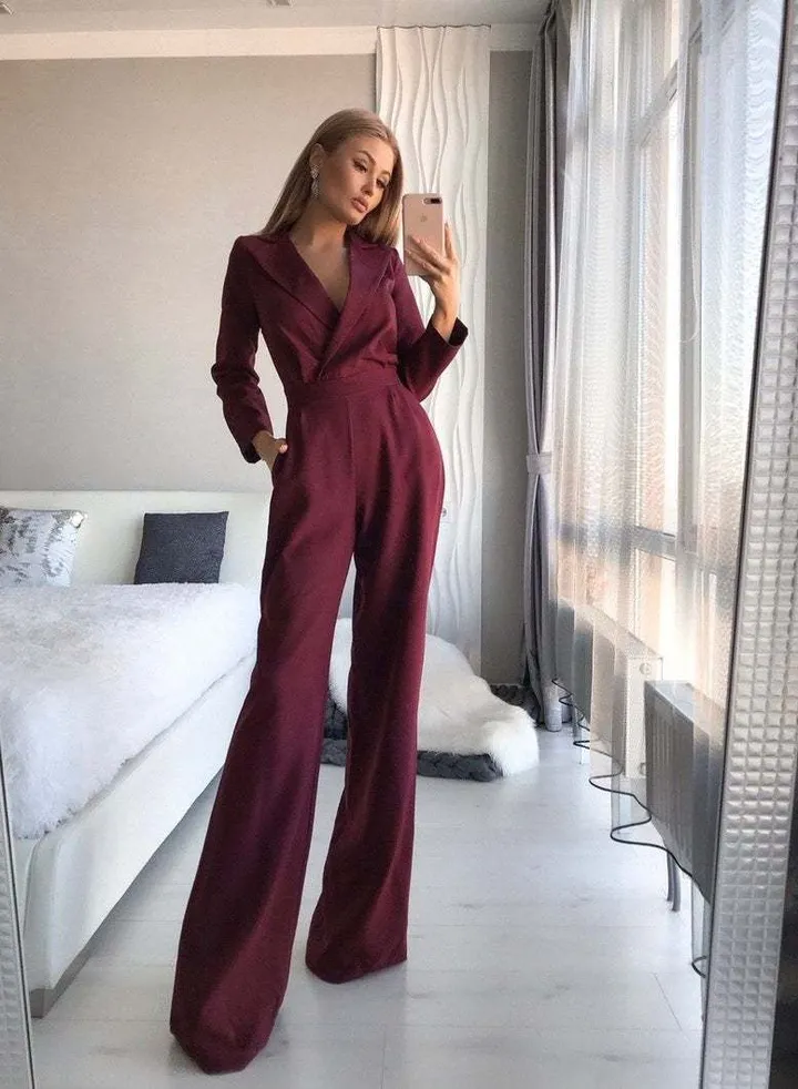 V-neck Jumpsuits Red