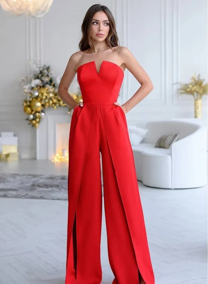 V-neck Jumpsuits Red