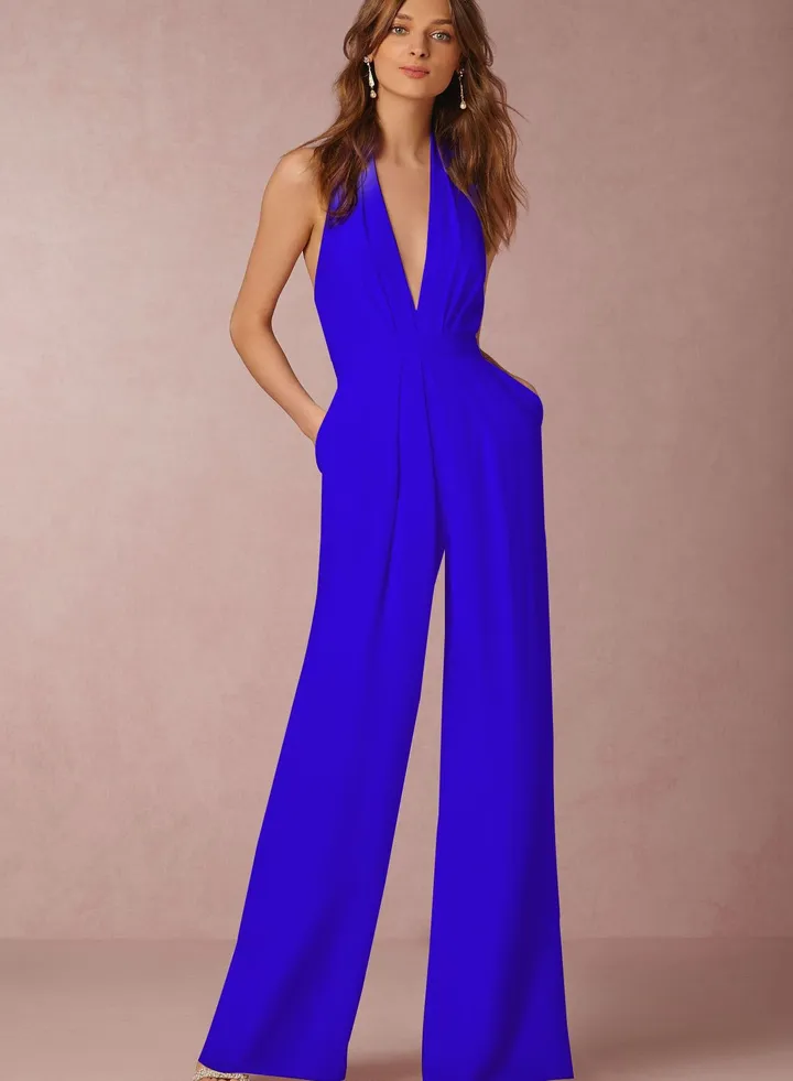 V-neck Jumpsuits Blue