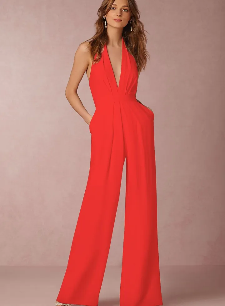 V-neck Jumpsuits Red