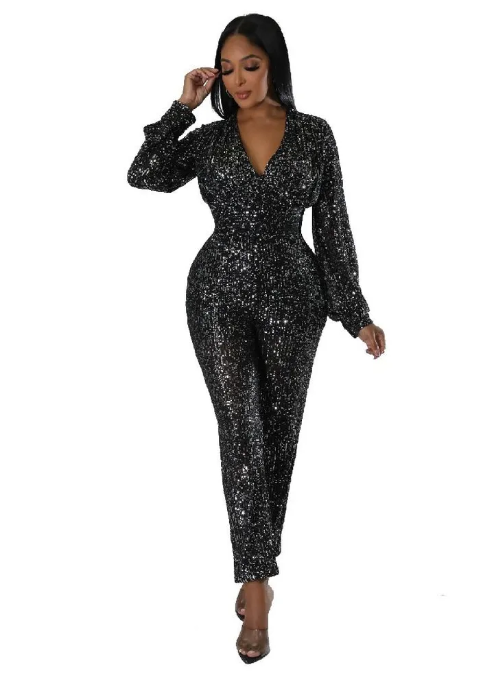 Fashion New V-neck Sequin Slim Long Jumpsuit