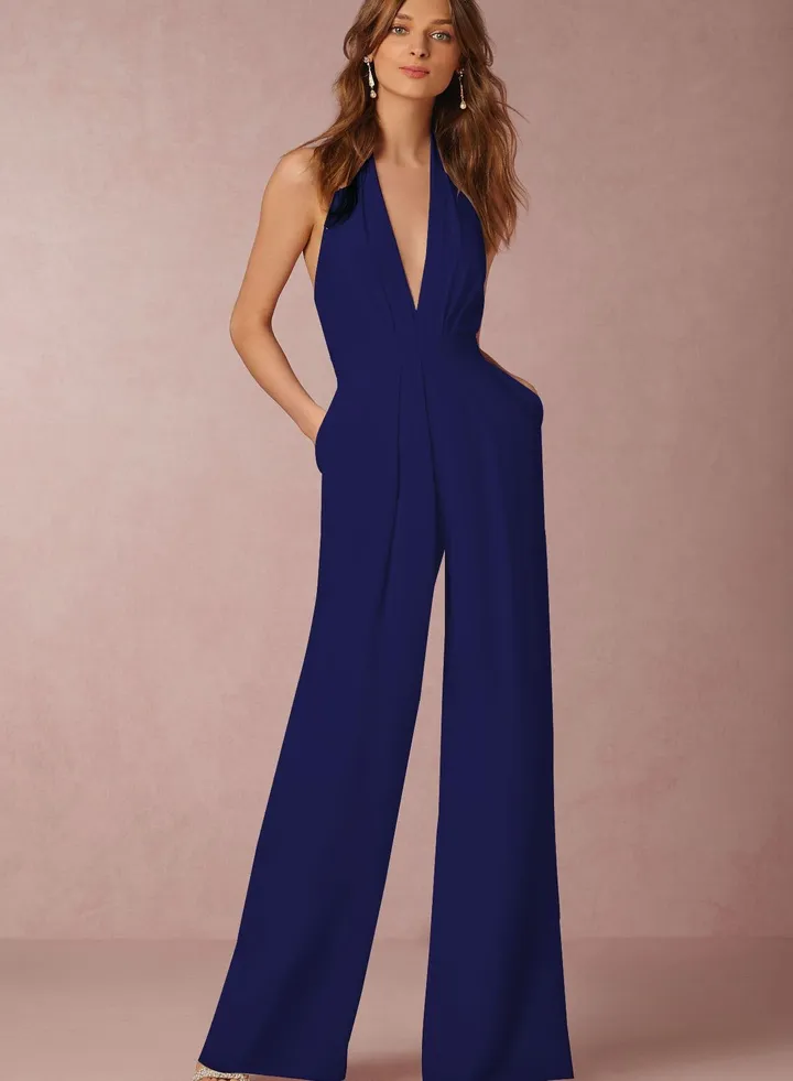 V-neck Jumpsuits Blue