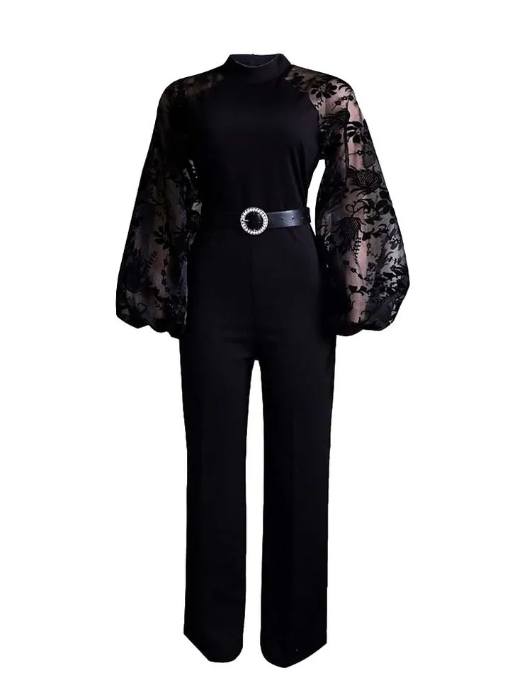 Women's Lantern Sleeve Slim Large Wide Leg Jumpsuit Black
