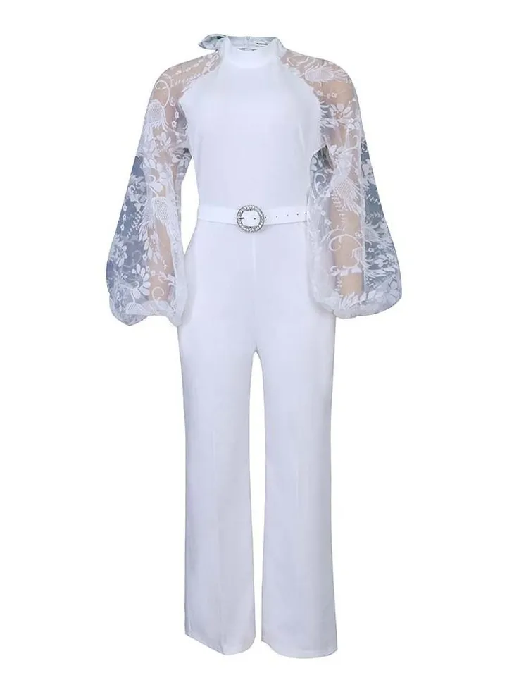 Women's Lantern Sleeve Slim Large Wide Leg Jumpsuit White