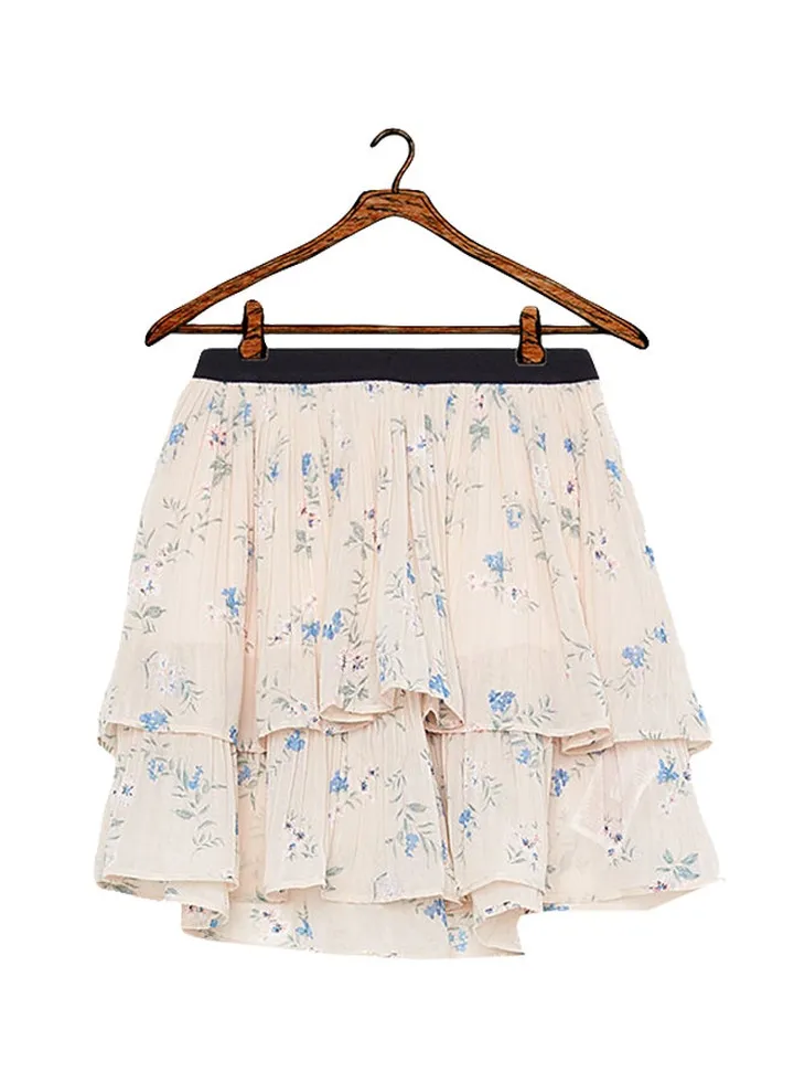Floral Pleated Skirt Ecru
