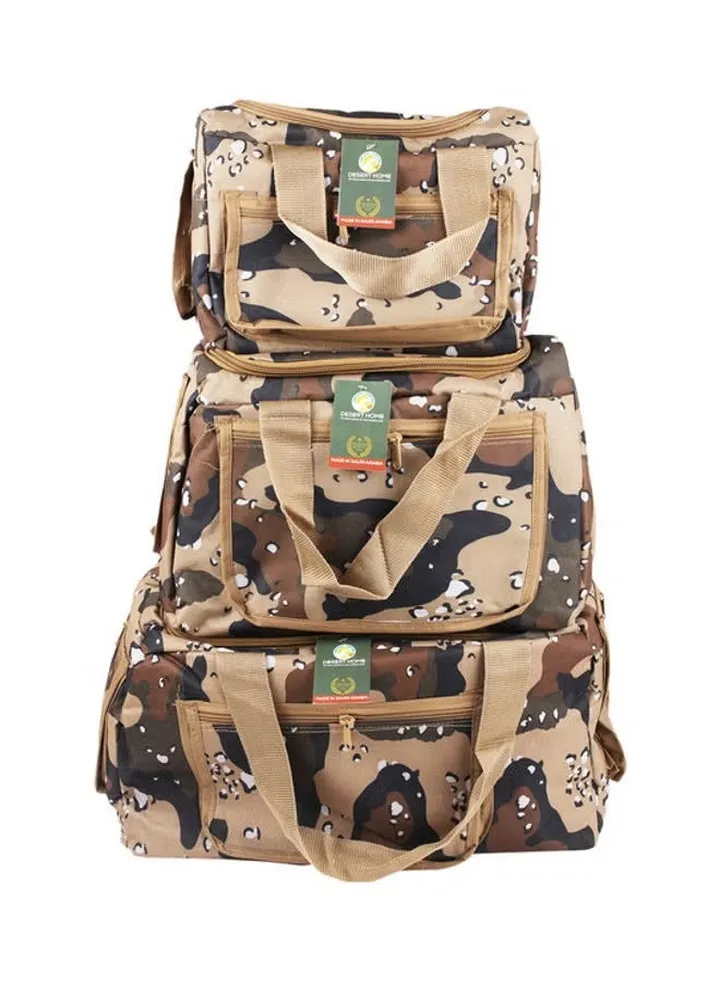 A set of bags and bags with a Tanzanian military print of 3 pieces, durable and comfortable for trips and camping