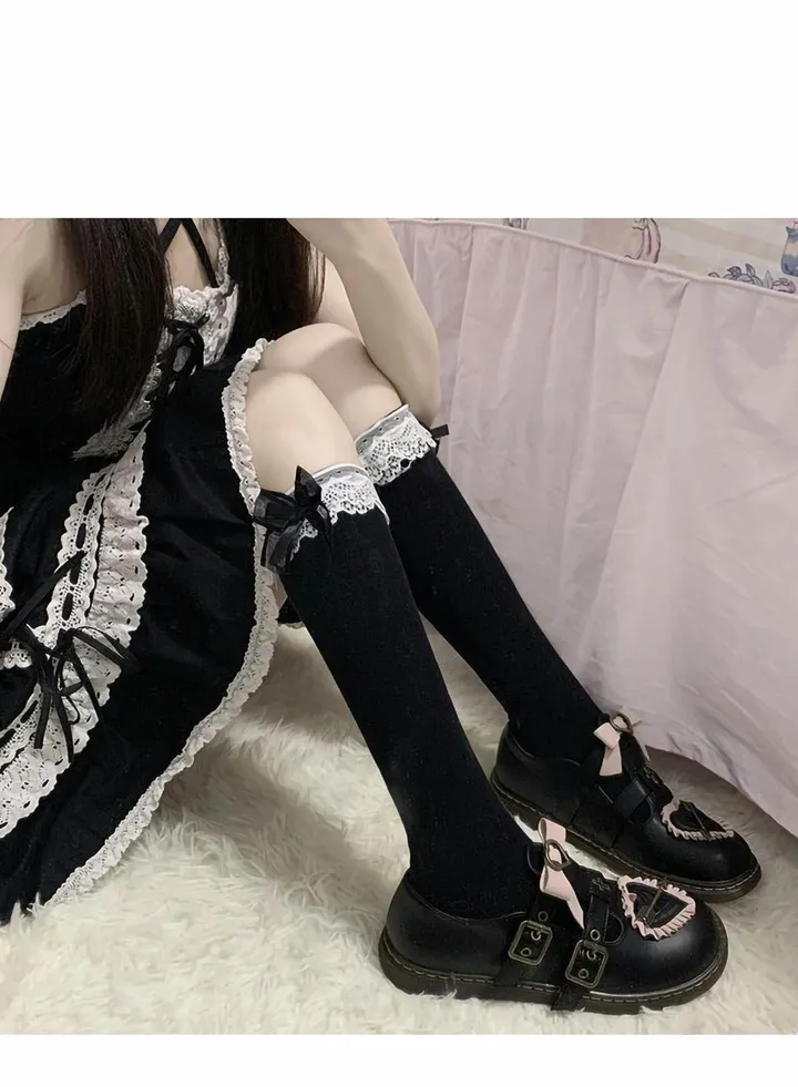 Thigh High Socks Women Girl's Fashion Knee Stockings With Bow Lace Ruffle Trim Cotton