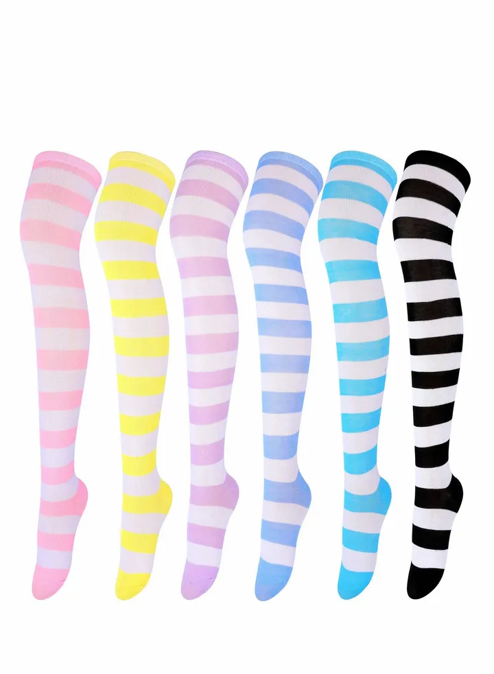 Thigh High Socks, 6 Pairs Striped Over Knee Socks Stripe Stockings Women Long for Daily Wear, Cosplay