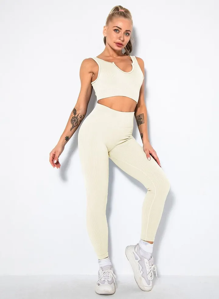 Solid V-neck Bra Tights Sports Set