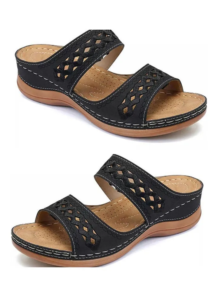 Women Anti Slip Low Wedge Hollow out Platform Slippers Black/Brown
