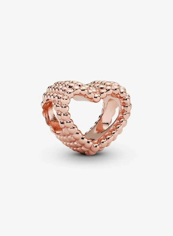 14k Rose Gold-plated Beaded Open Heart Charm for Pandora Moments Women's Bracelet 787516