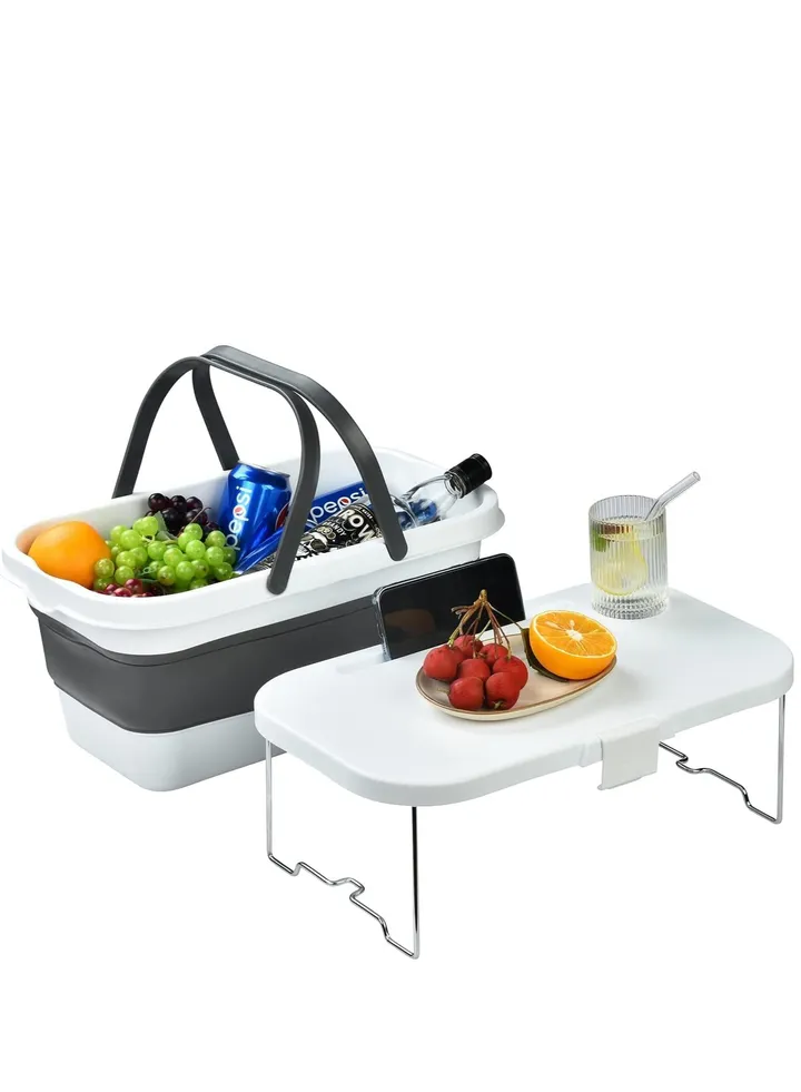 15L Folding Outdoor Picnic Storage Basket Bag with Lid Tray Table, Collapsible Tube with Handle, Foldable Basin Bucket, Washing Up Bowl, Car Trunk Organizer for Camping, BBQ Beach