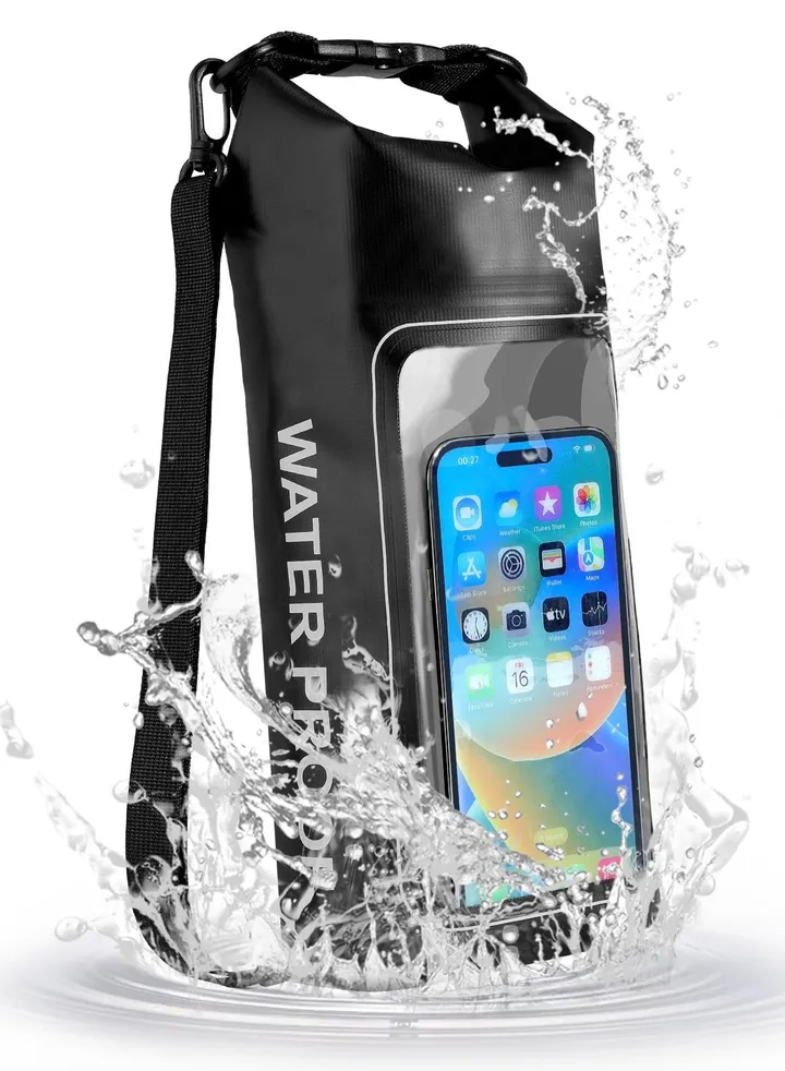 Waterproof Dry Bag, Beach Phone Bag 2L Roll Top Waterproof Backpack w/Phone Case/Pouch, Lightweight Dry Storage Bag for Travel Swimming Boating Kayaking Camping Beach Fishing Rafting, Black