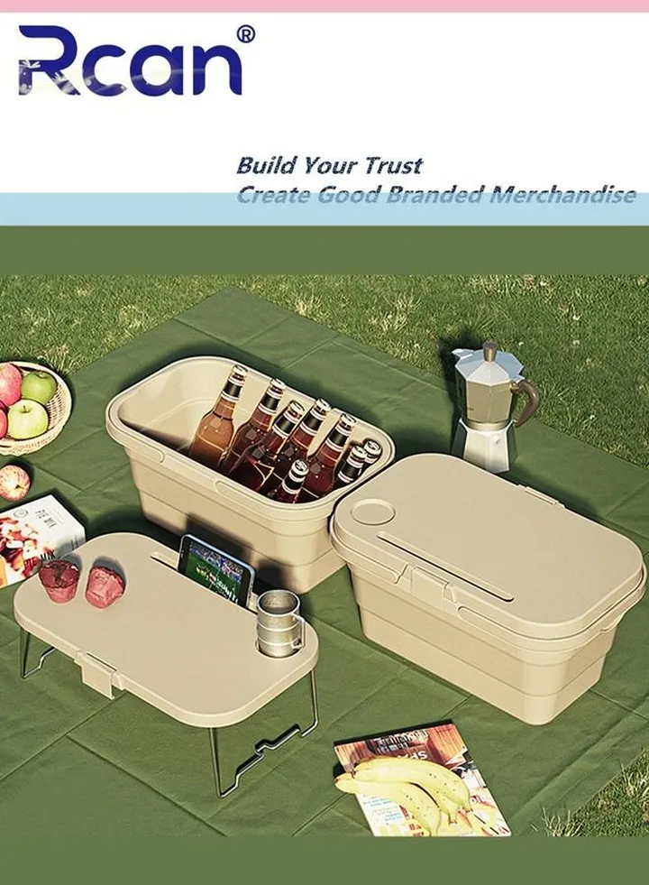 Multifunctional Outdoor Folding Storage Basket with Handle with Tray Table Foldable Camping Picnic Storage Box Reusable Plastic Food Wash Box for Car Beach Hiking, Fishing, Family BBQ