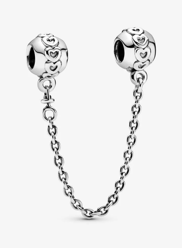 925 Sterling Silver Band of Hearts Safety Chain Charm for Pandora Moments Women's Bracelet 791088