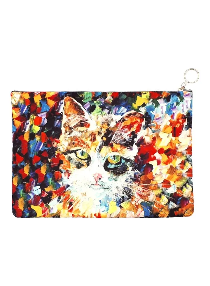 Cat Printed Clutch White/Red/Blue