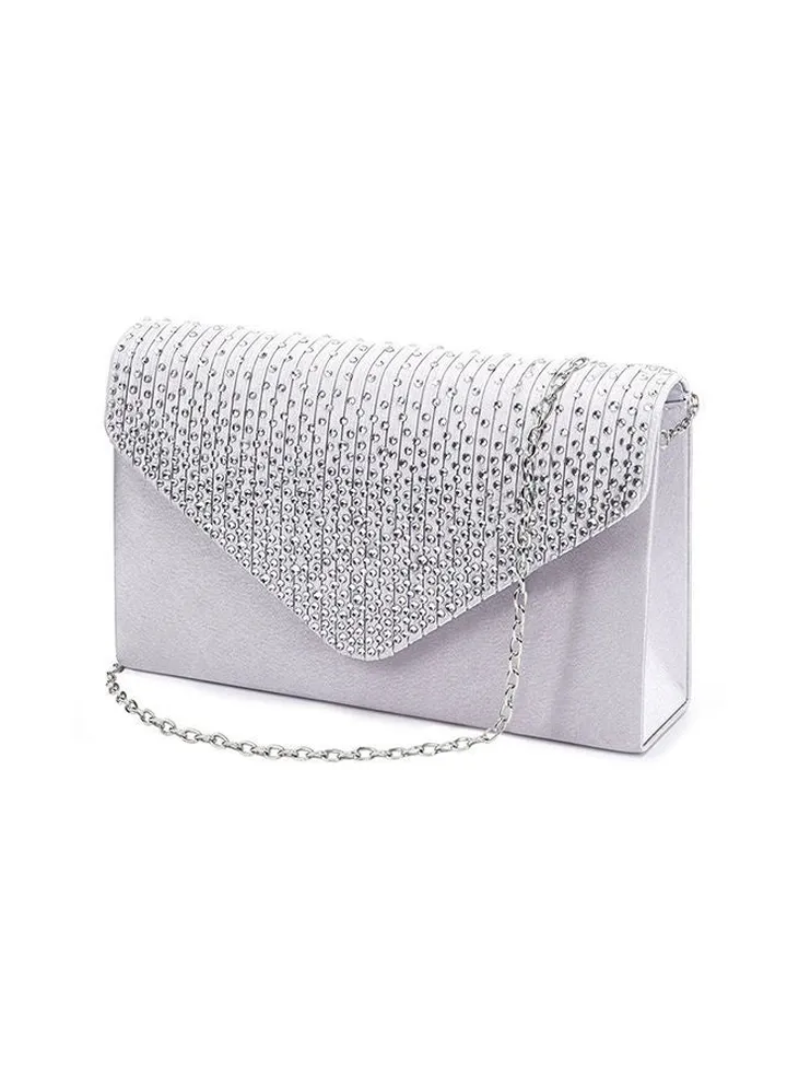Satin Bridal Diamante Clutch Bag White