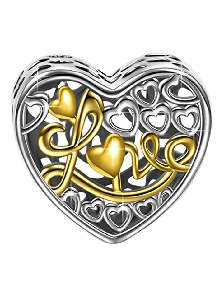 Gold Plated 925 Sterling Silver Hollow Heart Shape Bead Charms For Bracelet