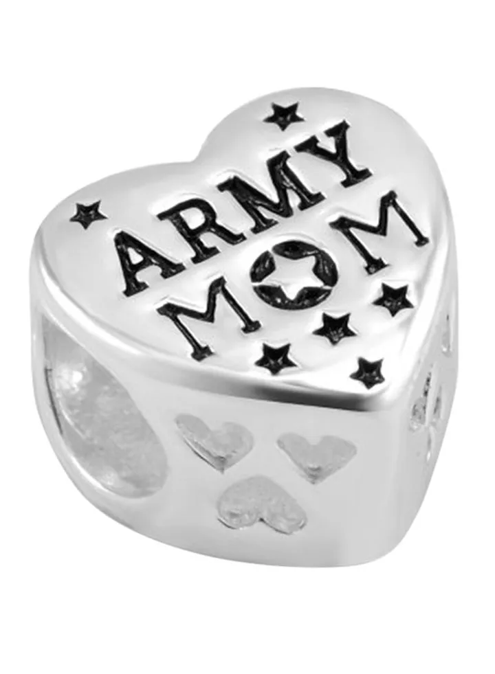 925 Sterling Silver Army Mom Heart Charm For Bracelet