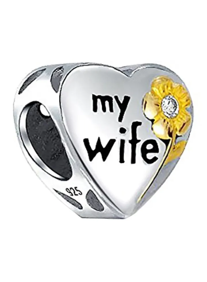 Cz Flower My Wife Gold Plated Heart Shaped Charm Bead