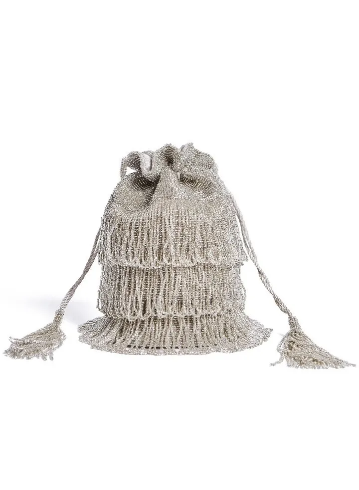 Hand Embellished Vintage Inspired Tassel Bucket Pouch Clutch Purse Bag Silver Wedding Bridal Bridesmaids 1920s Great Gatsby Flapper Art Deco