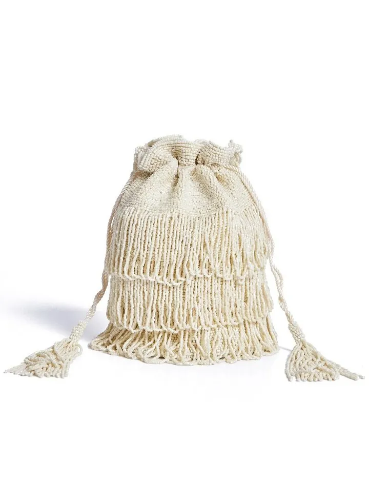 Hand Embellished Vintage Inspired Tassel Bucket Pouch Clutch Purse Bag Cream Wedding Bridal Bridesmaids 1920s Great Gatsby Flapper Art Deco