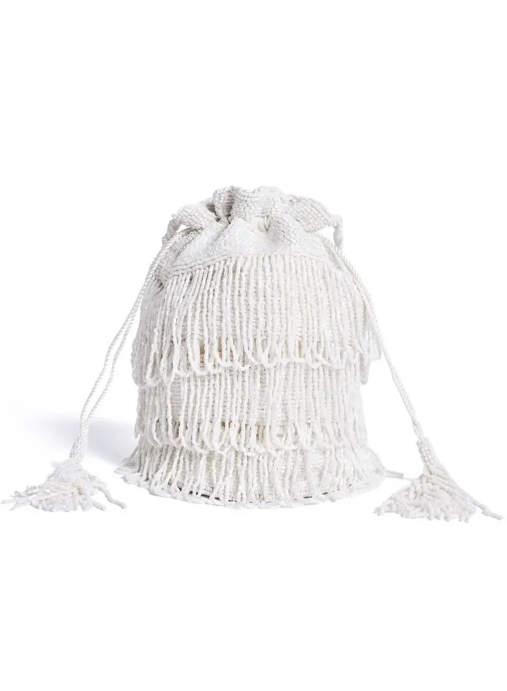Hand Embellished Vintage Inspired Tassel Bucket Pouch Clutch Purse Bag White Wedding Bridal Bridesmaids 1920s Great Gatsby Flapper Art Deco