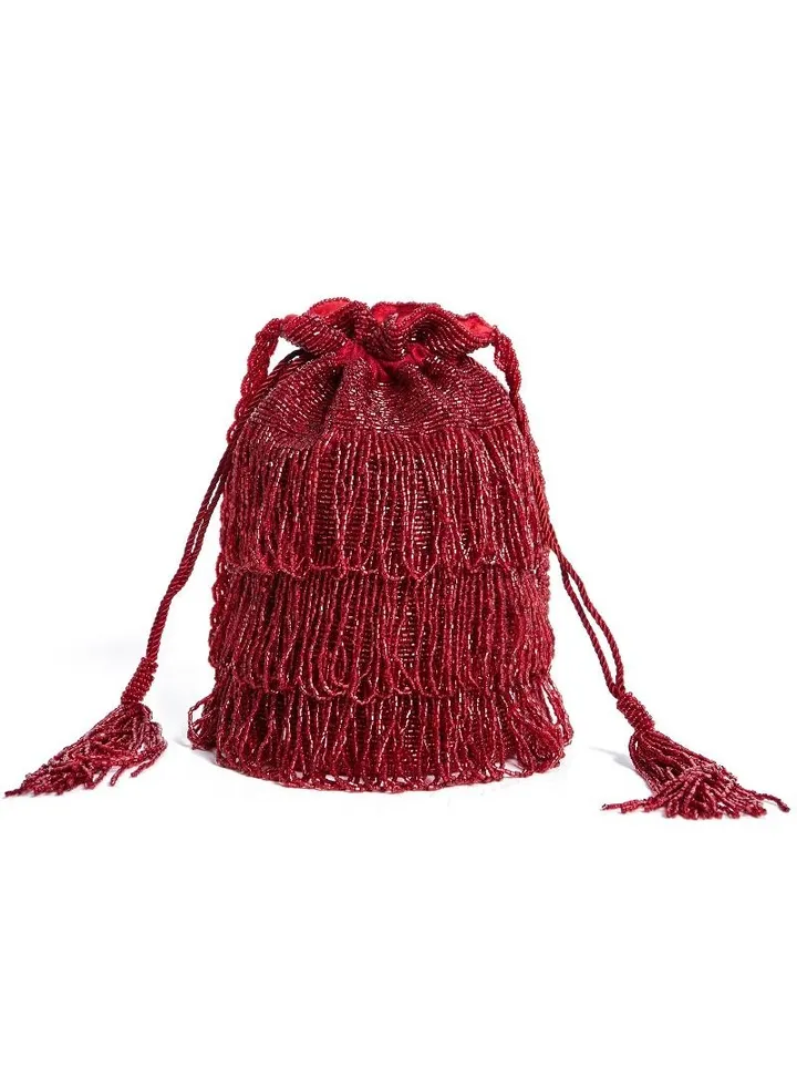 Hand Embellished Vintage Inspired Tassel Bucket Pouch Clutch Purse Bag Red Wedding Bridal Bridesmaids 1920s Great Gatsby Flapper Art Deco