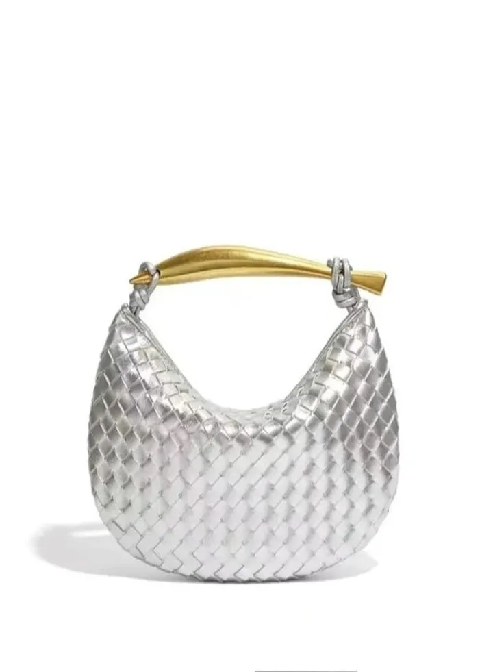 Woven Leather Hobe Dumpling Bag Dinner Handbag For Women Purse Hobo Bag Knotted Woven Handbag Summer Clutch Bag(Silver)