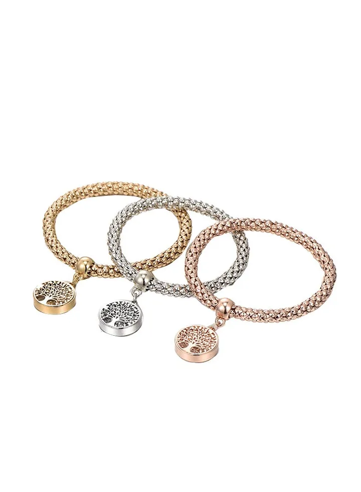 3-Piece Tri-Tone Stretch Charm Bracelet