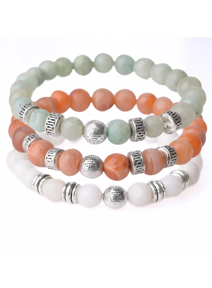 Natural Stone bracelet 8mm With spacers, Green Aventurine,Red Akik and White Jade.