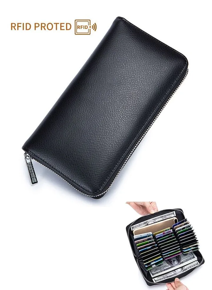 RFID Leather Zipper Wallet Black