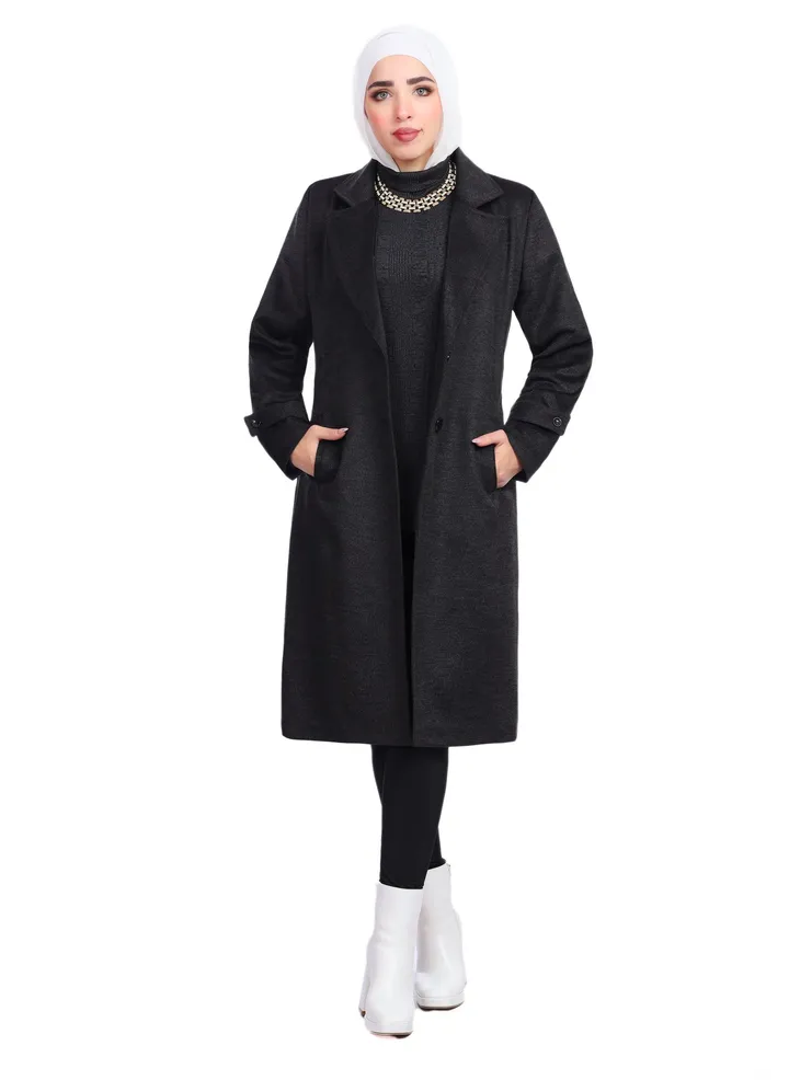 Fully Lined Classic Long Wool Coat With Belt - Black
