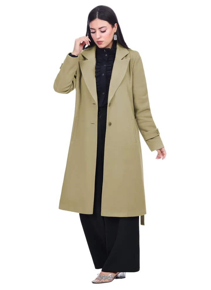 Fully Lined Classic Long Wool Coat With Belt - Beige