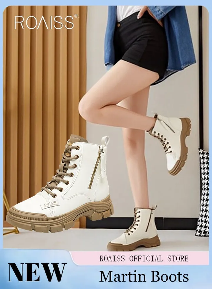Women's Ankle Boots Ladies Combat Ankle Winter Warm Soft Casual Shoes Women High Top Leather Martin Boots Women Low Heel Lace Up Outdoor Trekking Hiking Work Boots