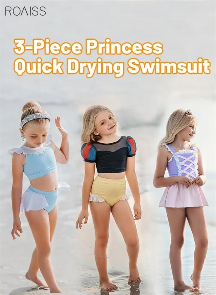 3 Piece Girl Swimsuit Snow White Long Hair Princess Cinderella Swimwear Set