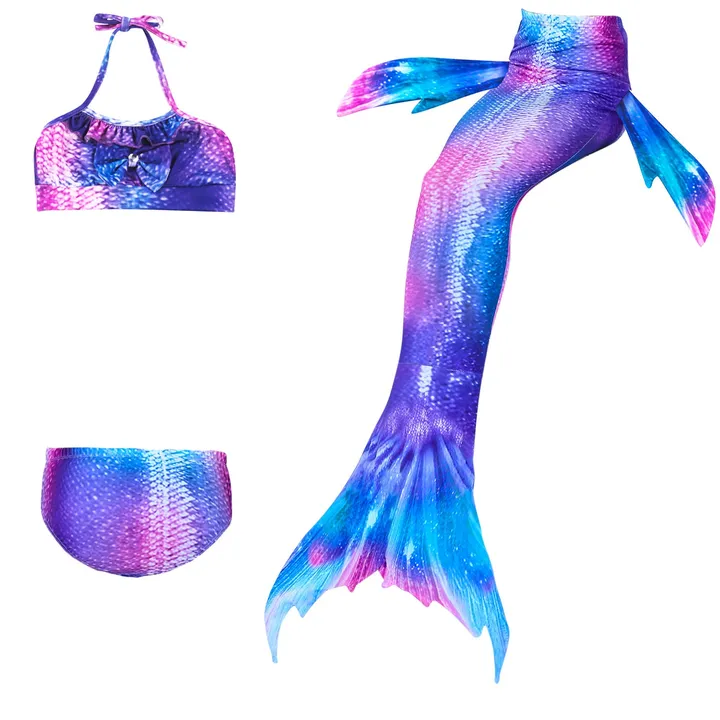 3-Piece Mermaid Swimming Suit With Bikini Set Blue/Pink