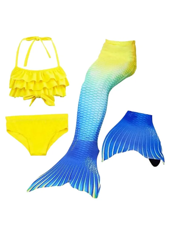 4 Piece Girls Flipper Sparkle Mermaid Tail With Monofin And Bikini Set Yellow