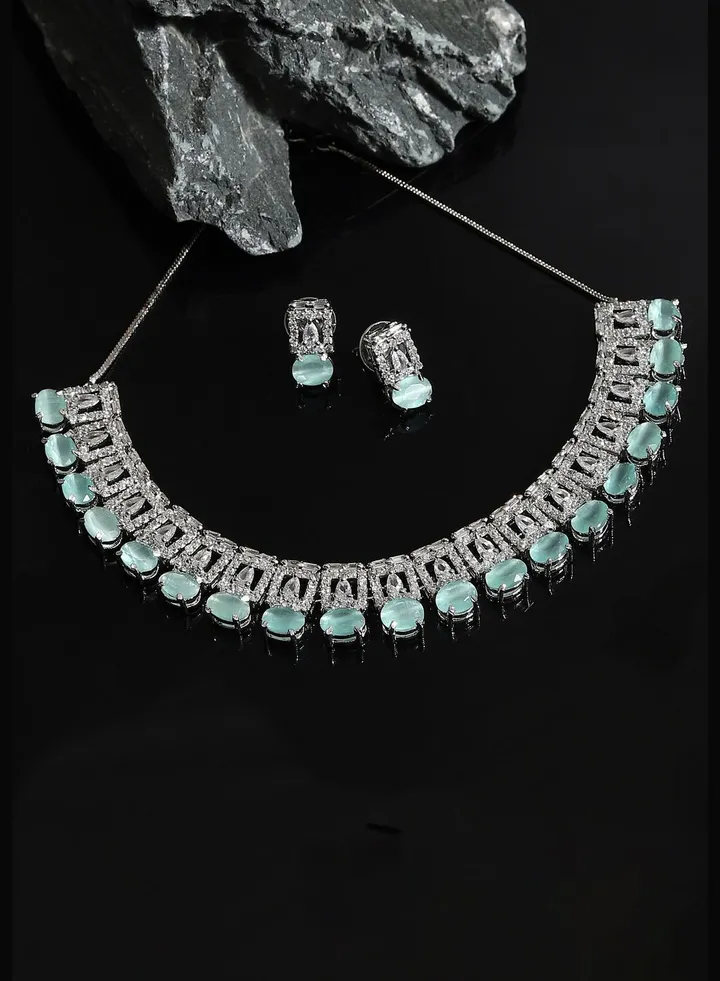 Silver Plated American Diamond and Designer Stone Party Necklace and Earring Set For Women