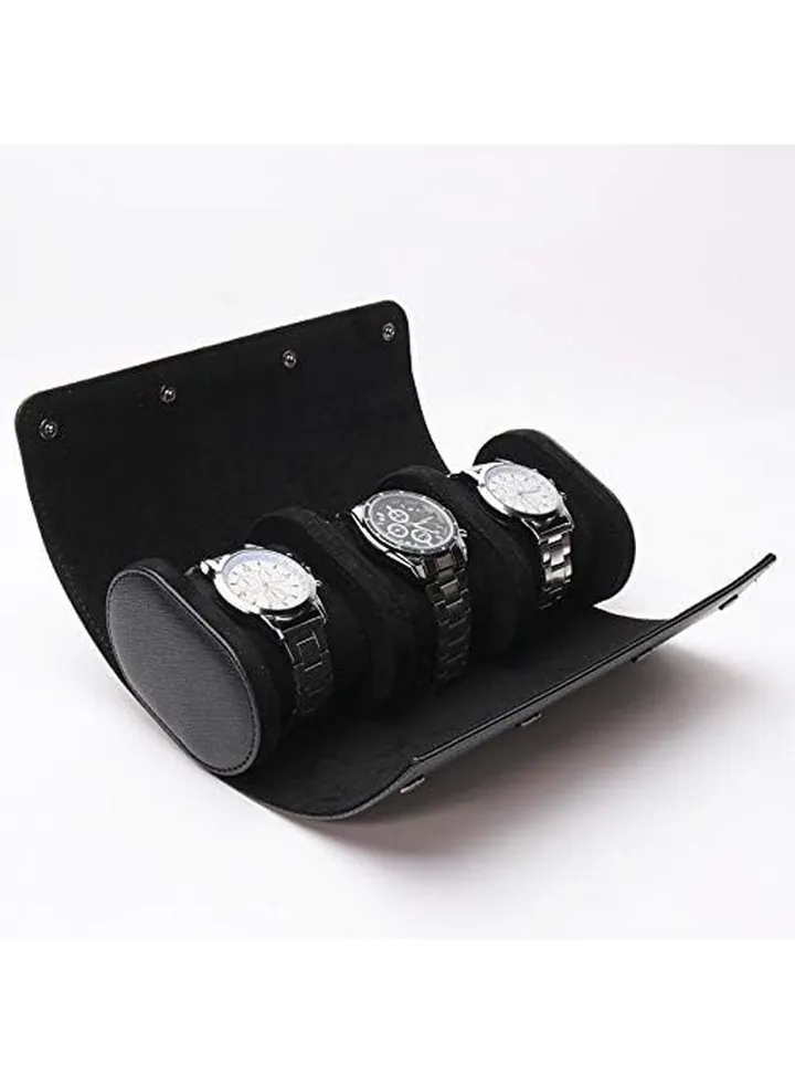 Watch Roll Travel Case 3 slot, PU Leather Watch Rolls Box For Men, Watch Organizer for 3 Watch, Watch Case with Removable Pillows for Watch Storage/Travel-Black