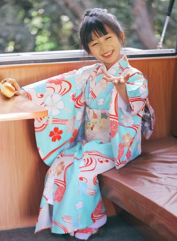Light Blue Cherry Blossoms Japan Yukata with sash belt for Children Kids Girls Room wear
