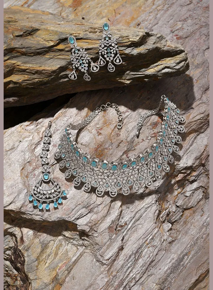 Silver Plated Designer Stone Necklace, Earrings and Maang Tikka Set