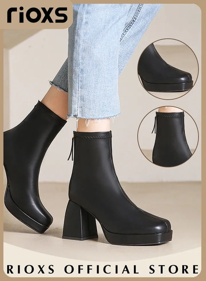 Women's High-heeled Boots Ladies Solid Color Ankle Boots Simple Fashion Square Toe Leather Boots Autumn Winter Pump Shoes