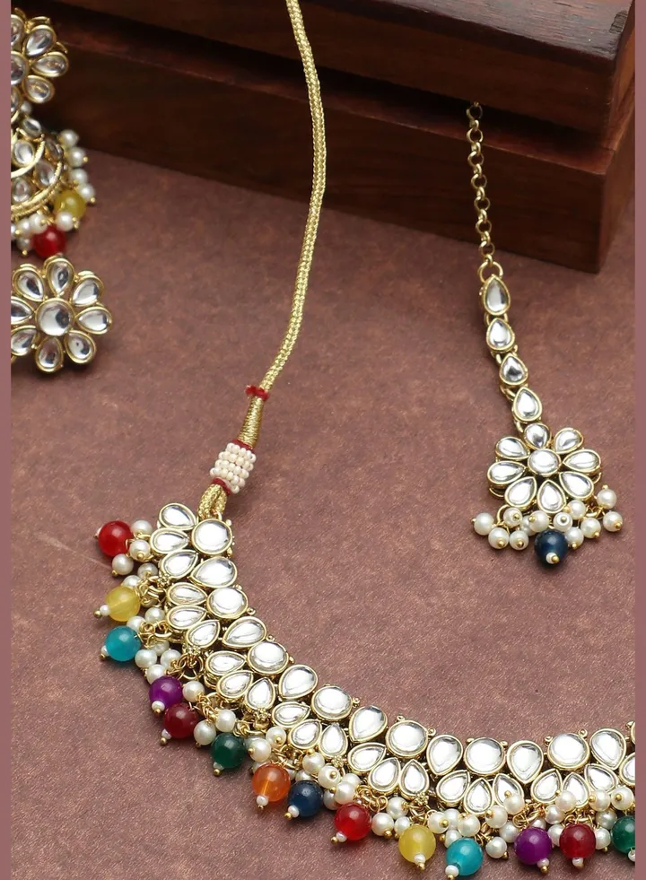 Gold Plated Kundan Beads Necklace, Earrings and Maang Tikka Set