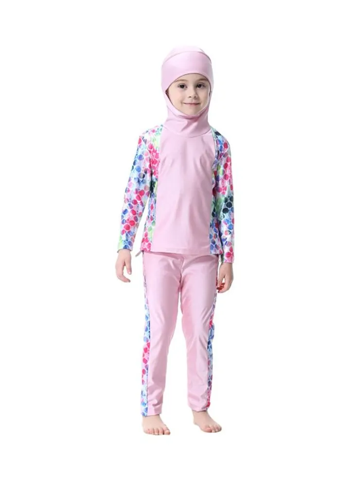2-Piece Long Sleeve Hooded Burkini Pink/White/Blue