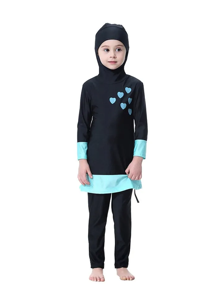Heart Printed Long Sleeve Burkini Black/Blue