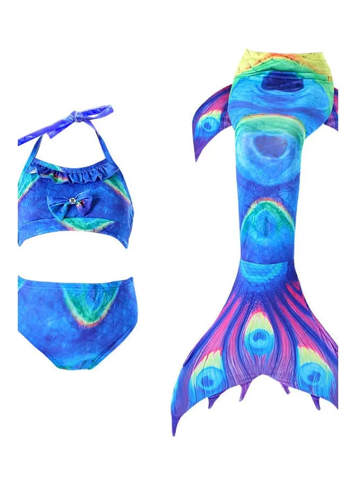 3-Piece Mermaid Swimming Suit With Bikini Set Blue